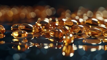 Golden fish oil capsules for health and wellness. Essential omega-3 supplements on reflective surface. Nutritional supplements close-up with soft focus background.