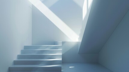 Minimalist white staircase bathed in sunlight creating geometric shadows. Bright natural light casting sharp angles on a modern interior stairway.