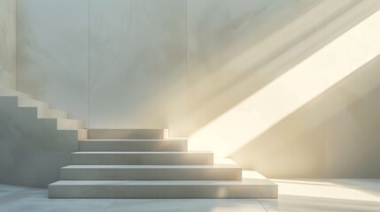 Serene minimalist architectural staircase with soft natural lighting. Peaceful and simplistic design of stairs in natural light. Soft illumination enhancing the tranquility of minimalist architecture.