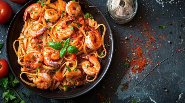Top view tasty homemade italian prawn and shrimp linguine pasta dish on a plate. AI generated image