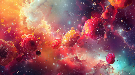 Galaxies and nebulas filled with sweet fruit, berries, currants, pineapples, oranges and lemons