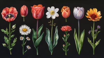  Various Blooming Flowers Including Tulips and Daisies - A Colorful Collection of Botanical Artistry  - obrazy, fototapety, plakaty