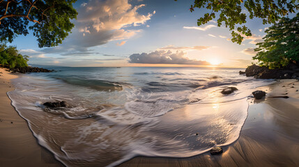 Paradis tropical serein : un panorama fascinant au coucher du soleil sur la plage avec des teintes dorées, de la tranquillité et une mer calme - Parfait pour les vacances - obrazy, fototapety, plakaty