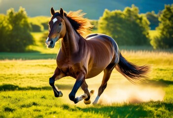 illustration, graceful equestrian horseback riding nature under blue sky, animals, equine, farm, field, grass, green,