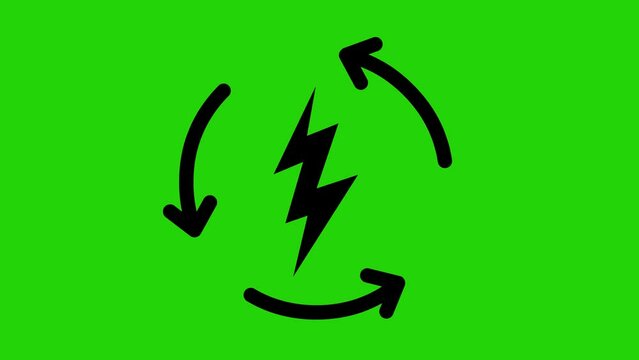 video animation black icon arrows spinning around a thunder bolt, renewable energy concept. On a green chroma key background