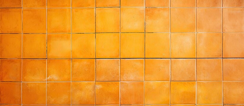A closeup of a wall covered in rectangular brown, amber, and orange tile flooring with a woodlike pattern, showcasing a mix of tints and shades