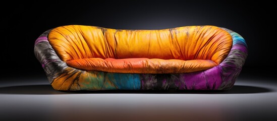 A vibrant peachcolored couch is stylishly placed on a cool gray surface, creating a striking visual contrast. The eyecatching gesture of the piece adds a touch of warmth to the surrounding building