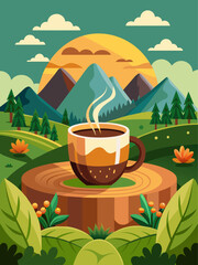 Coffee vector landscape background featuring a picturesque view of rolling hills, lush greenery, and a steaming cup of coffee in the foreground.