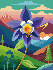 A picturesque vector landscape with a peaceful river meandering through a vibrant field of columbines.
