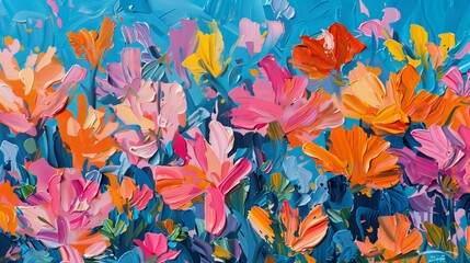 Fototapeta na wymiar Colorful Flowers Painting on Blue Background