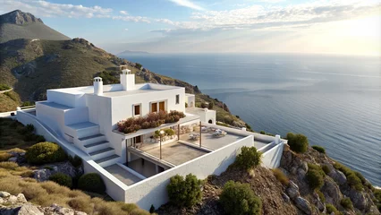 Foto op Canvas White Mediterranean style Greek villa on mountain side overlooking ocean view © vectorize