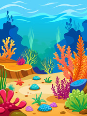 Submerged coral reefs and vibrant marine life flourish within a serene underwater landscape.