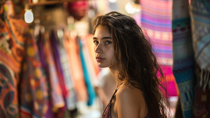 In a labyrinth of vibrant market fabrics, a young woman's portrait captures her natural beauty and the essence of cultural vibrancy.
