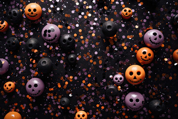 Halloween Celebration Background with Various Scary Pumpkin Faces and Purple Glitter
