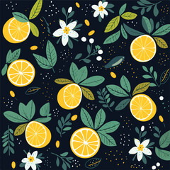 Stylized lemon slices and leaves on a dark backgrou