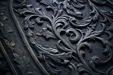 Dark Elegance: Intricate Black Baroque Floral Patterns Carved in Relief