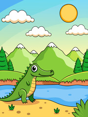 A fearsome crocodile lurks in the shadows of a lush tropical landscape.