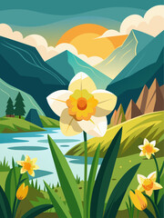 Glowing daffodils bloom in a serene countryside landscape under a soft blue sky.