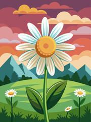 Fototapeta na wymiar Posy of daisies in a field under a clear blue sky with mountains in the distance.