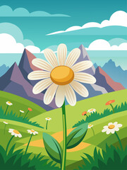 Fototapeta premium Posy of daisies in a field under a clear blue sky with mountains in the distance.