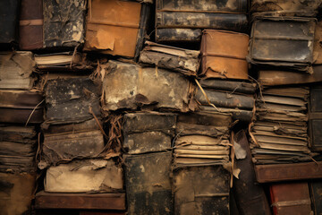  Timeless Wisdom: Ancient and Weathered Books Stacked in a Vintage Library - obrazy, fototapety, plakaty