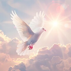 White Dove Flying Through Cloudy Sky