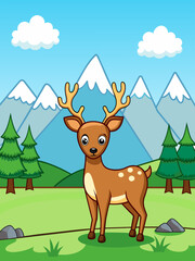 Tranquil vector landscape background featuring a majestic deer grazing amidst lush greenery.