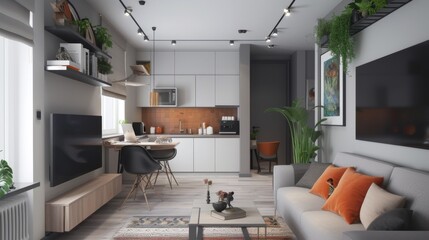 Well-lit modern apartment featuring a compact and functional kitchen area adjacent to the living...