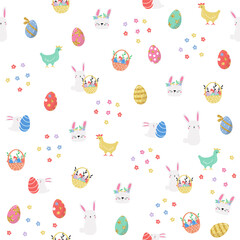 Happy Easter seamless pattern with bunnies, eggs and flowers. Vector hand drawn illustration. - 760107589