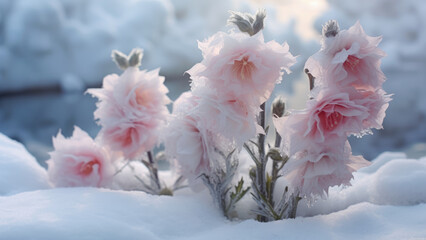 The appearance of spring: a bouquet of bush roses under the melted snow
