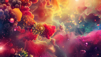 Obraz na płótnie Canvas Galaxies and nebulas filled with sweet fruit, berries, currants, pineapples, oranges and lemons
