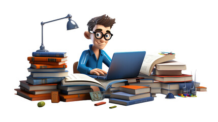 A man surrounded by books sits at a desk, engrossed in his laptop