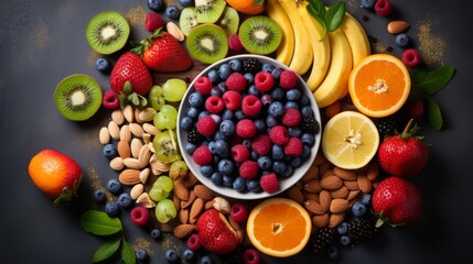 Bowl filled with fresh berries surrounded by a variety of vibrant fruits on dark backdrop