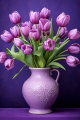 Purple tulips in a purple vase on a purple background, beautiful spring flowers, still lifef