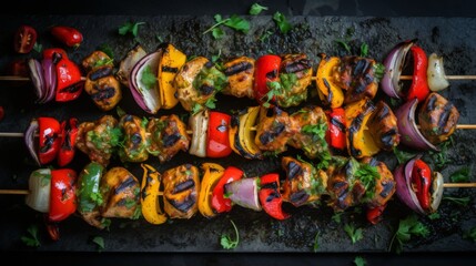 Juicy meat chunks with a mix of bell peppers, onions, and seasoning on skewers over the hot grill
