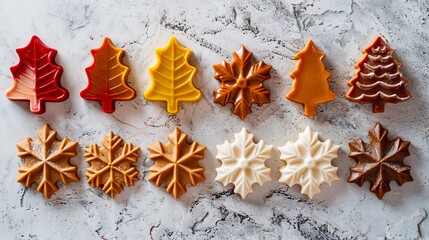 Fototapeta na wymiar Christmas cookies cutters, traditional biscuits molds for winter holidays. Homemade dessert. Flat lay, top view