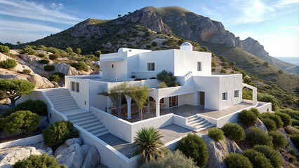 White Mediterranean style Greek villa on mountain side overlooking mountain range view