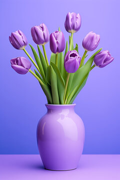 Fototapeta Purple tulips in a purple vase on a purple background, beautiful spring flowers, still lifef
