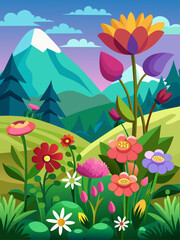 Fototapeta na wymiar A delightful floral landscape painted with vectors depicts blossoming blooms in a tranquil meadow.