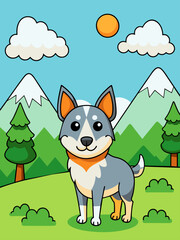 Vector artwork of a dog in a scenic landscape background.