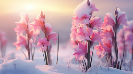 The appearance of spring: a bouquet of gladioli under the melted snow - obrazy, fototapety, plakaty