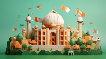 A vibrant 3D artistic representation of the Taj Mahal surrounded by stylized trees and flying flags, depicted in a whimsical, playful manner