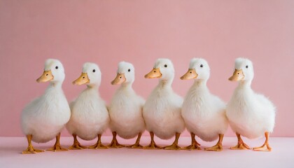 Fototapeta premium Cute animal image of white ducks in a row, a studio shot. Preparation and organization concept. 
