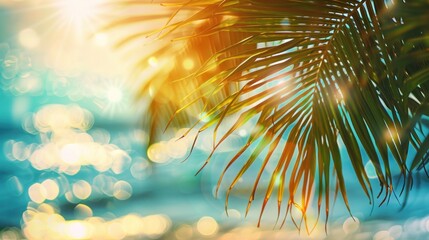 Fototapeta na wymiar Beautiful green palm leaf on tropical summer beach blurred abstract background. AI generated