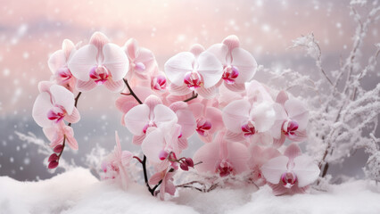 The appearance of spring: a bouquet of orchid under the melted snow
