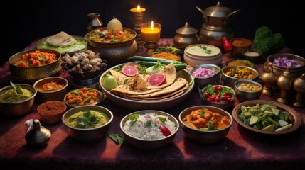 Traditional Indian food setup with brass bowls and dishes filled with a variety of spicy and flavorful cuisine