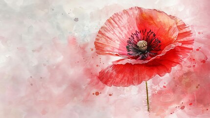 Close-up of a beautiful single red poppy flower. Digital art in watercolor style