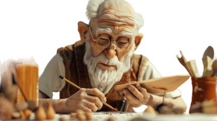 An elderly artist carefully painting on a wooden canvas