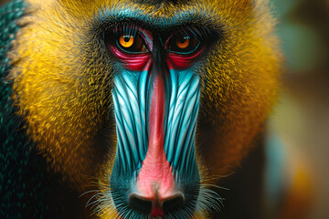 Close-up of a colorful mandrill against a soft forest background - obrazy, fototapety, plakaty