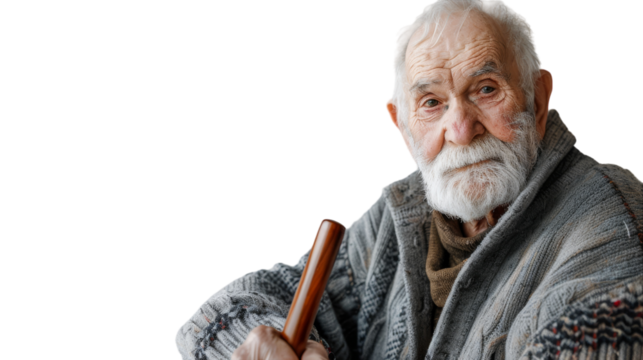 An elderly man with a cane in hand, taking slow, deliberate steps